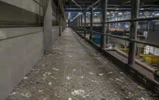 Camminamento metallico di servizio in un capannone industriale con il piano di calpestio in lamiera bugnata sporco di escrementi di piccione