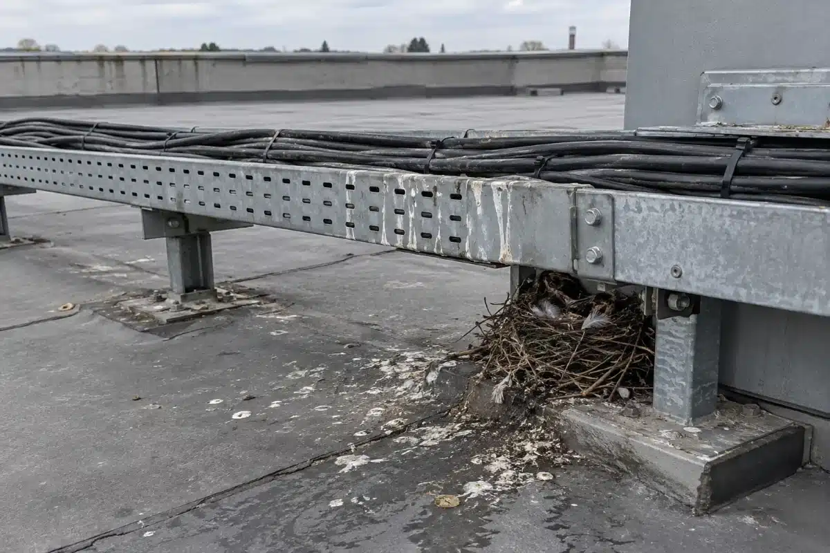 Passerella portacavi in acciaio zincato su una copertura piana, con un nido di rametti costruito sotto la passerella, appoggiato alla membrana, e guano sparso intorno