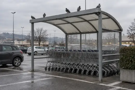 Tettoia metallica per i carrelli della spesa nel parcheggio di un supermercato, con piccioni posati sulla trave superiore