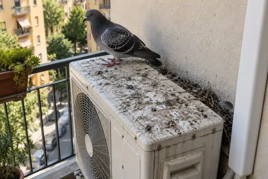 Piccione sul piano superiore di un condizionatore incrostato di guano secco, con materiale di nido nell’intercapedine fra la macchina e il muro