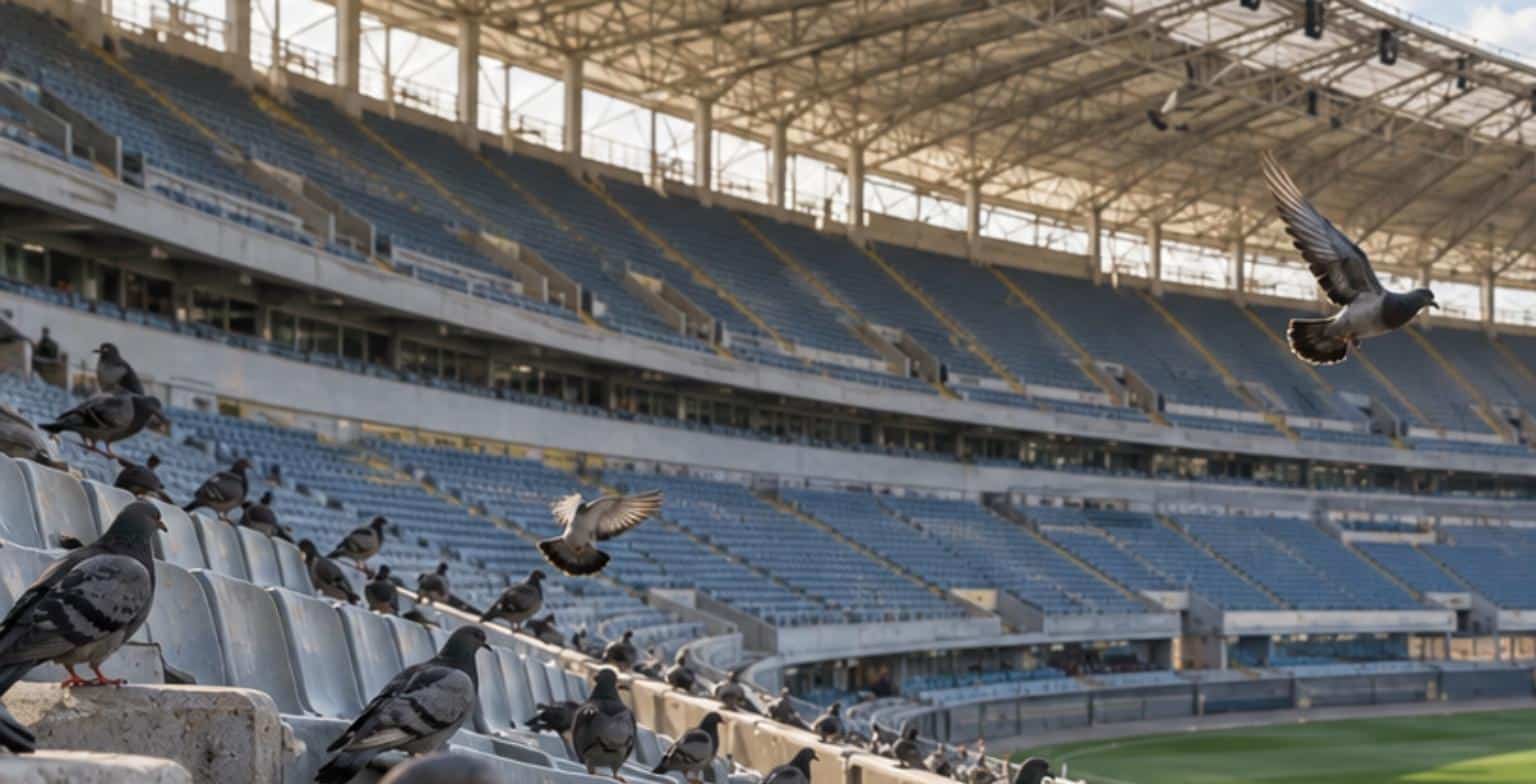 Piccioni posati sui gradoni e sui sedili delle tribune vuote di uno stadio, con la copertura sullo sfondo