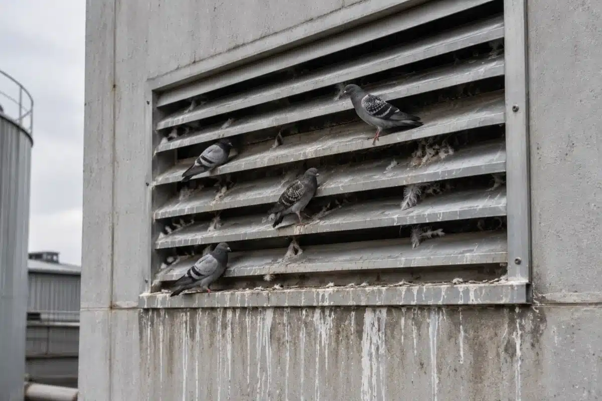 Griglia di presa d’aria in alluminio su una parete in cemento, con quattro piccioni infilati fra le alette e colature di guano sul muro e sul davanzale