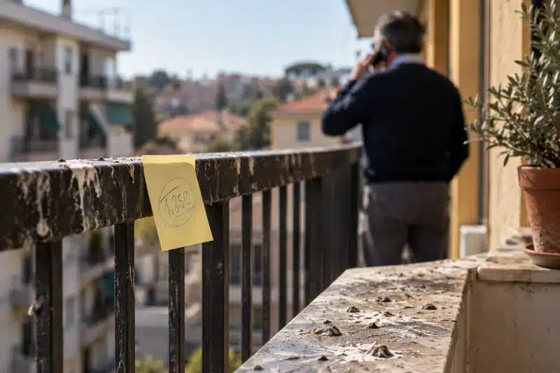 Uomo al telefono sul balcone con un post-it con una cifra attaccato alla ringhiera sporca di guano: il prezzo dato senza aver visto il posto
