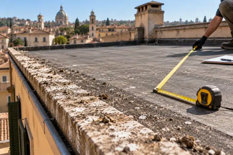 Metro a nastro steso su una copertura piana, accanto a un parapetto sporco di guano