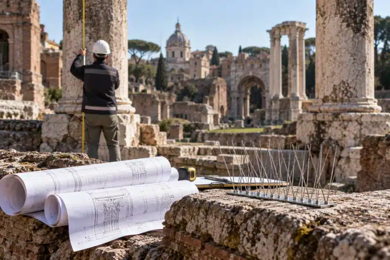 Tecnico che misura una colonna antica, con i disegni di progetto e un campione di dissuasori appoggiati sul rudere