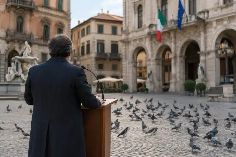 Amministratore che parla da un leggio in una piazza piena di piccioni