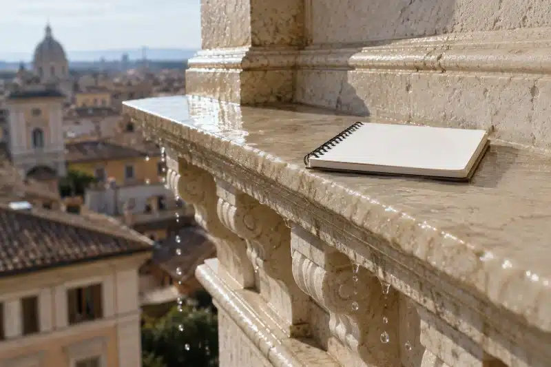 Davanzale in pietra appena pulito, con un taccuino appoggiato sopra