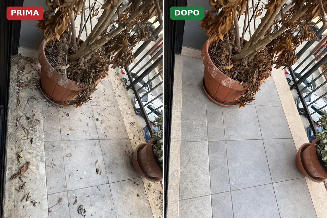 Angolo dello stesso balcone prima e dopo la pulizia: a sinistra le deiezioni secche sulle piastrelle e sul davanzale, a destra le stesse piastrelle libere