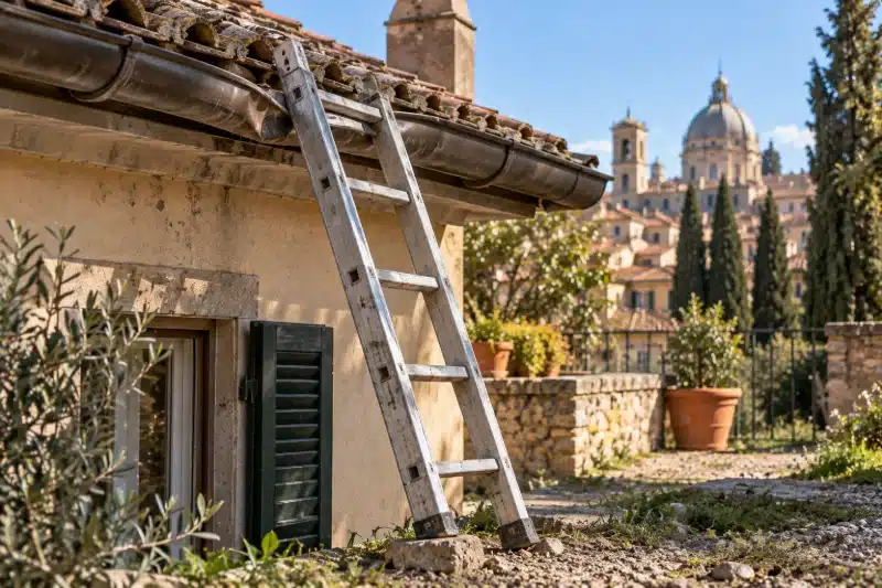Scala a pioli appoggiata direttamente alla grondaia di una casa
