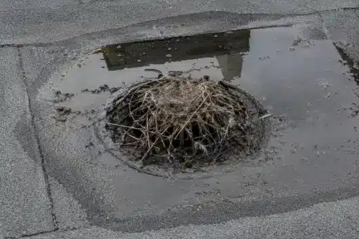 Bocchettone di scarico di una copertura piana ostruito da rametti e paglia, con acqua ferma tutto intorno