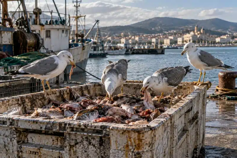 Quattro gabbiani che mangiano da un cassone aperto pieno di scarti di pesce su una banchina