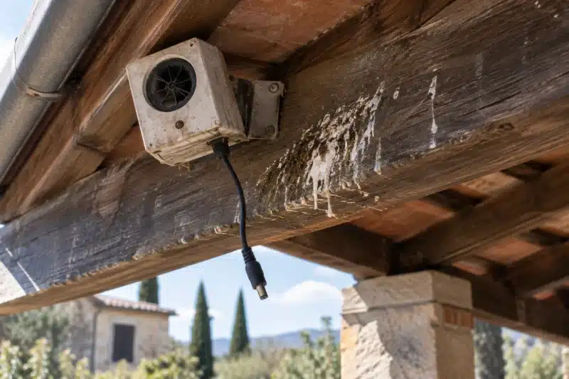 Dissuasore elettronico sotto una gronda in legno, sporco e con il guano sulla trave accanto