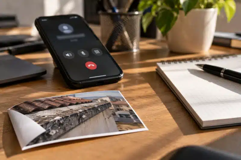 Smartphone in vivavoce sulla scrivania accanto a un blocco note vuoto e a una foto del tetto mai guardata