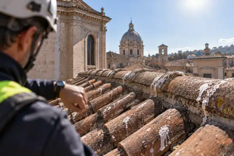 Tecnico che ispeziona a mezzogiorno un tetto di coppi segnato dal guano, senza uccelli presenti