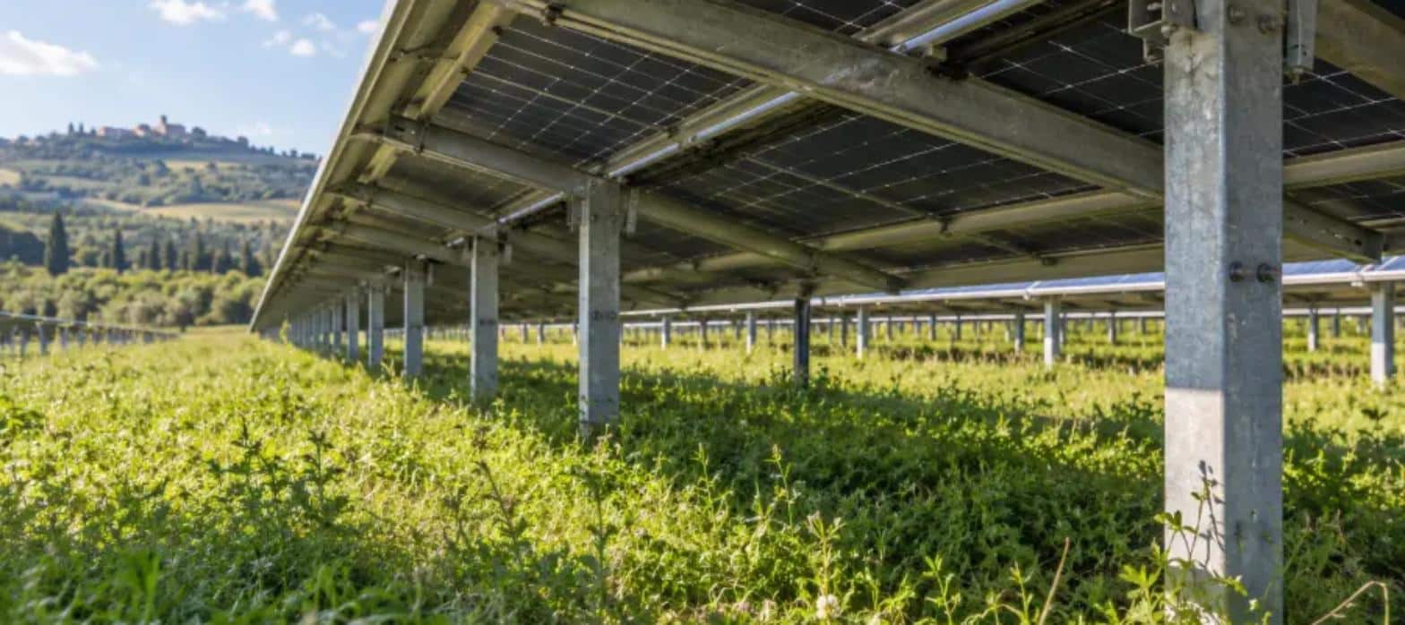 Vista dal basso dello spazio in ombra fra il terreno erboso e i moduli di un impianto fotovoltaico a terra