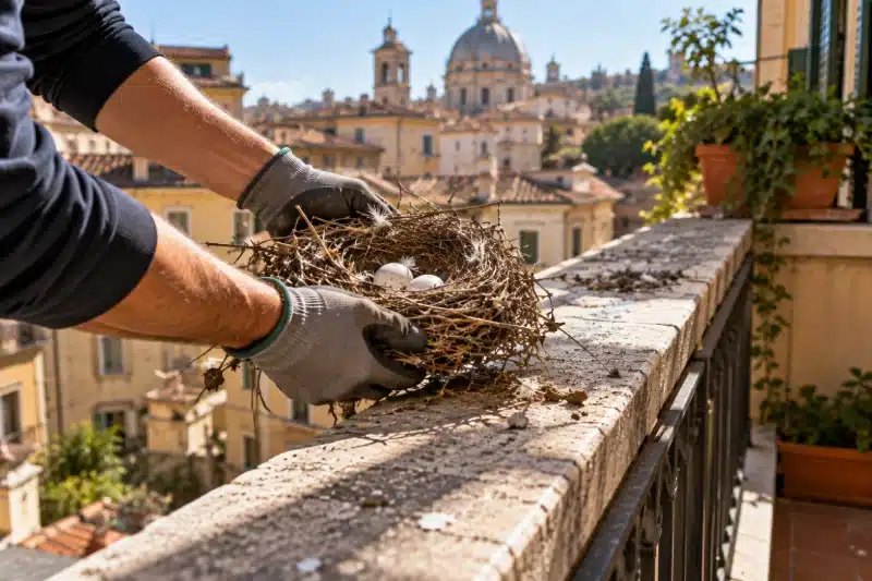 Mani con guanti che spostano un nido con le uova lungo il parapetto di una terrazza
