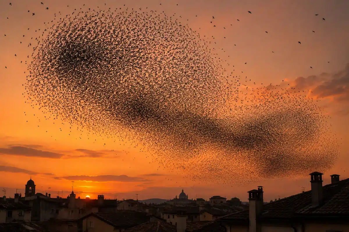 Grande stormo di uccelli in volo compatto nel cielo arancione del tramonto, sopra i tetti e i comignoli di una citt&agrave; italiana