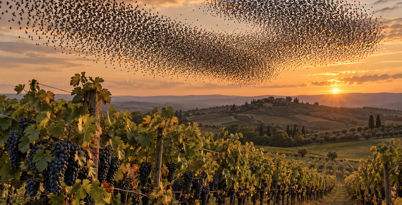 Stormo di storni in volo sopra un vigneto con i grappoli d’uva neri maturi al tramonto