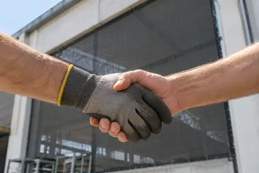 Stretta di mano fra una mano con guanto da lavoro e una a mani nude, davanti a una grande apertura industriale chiusa con rete anti volatili