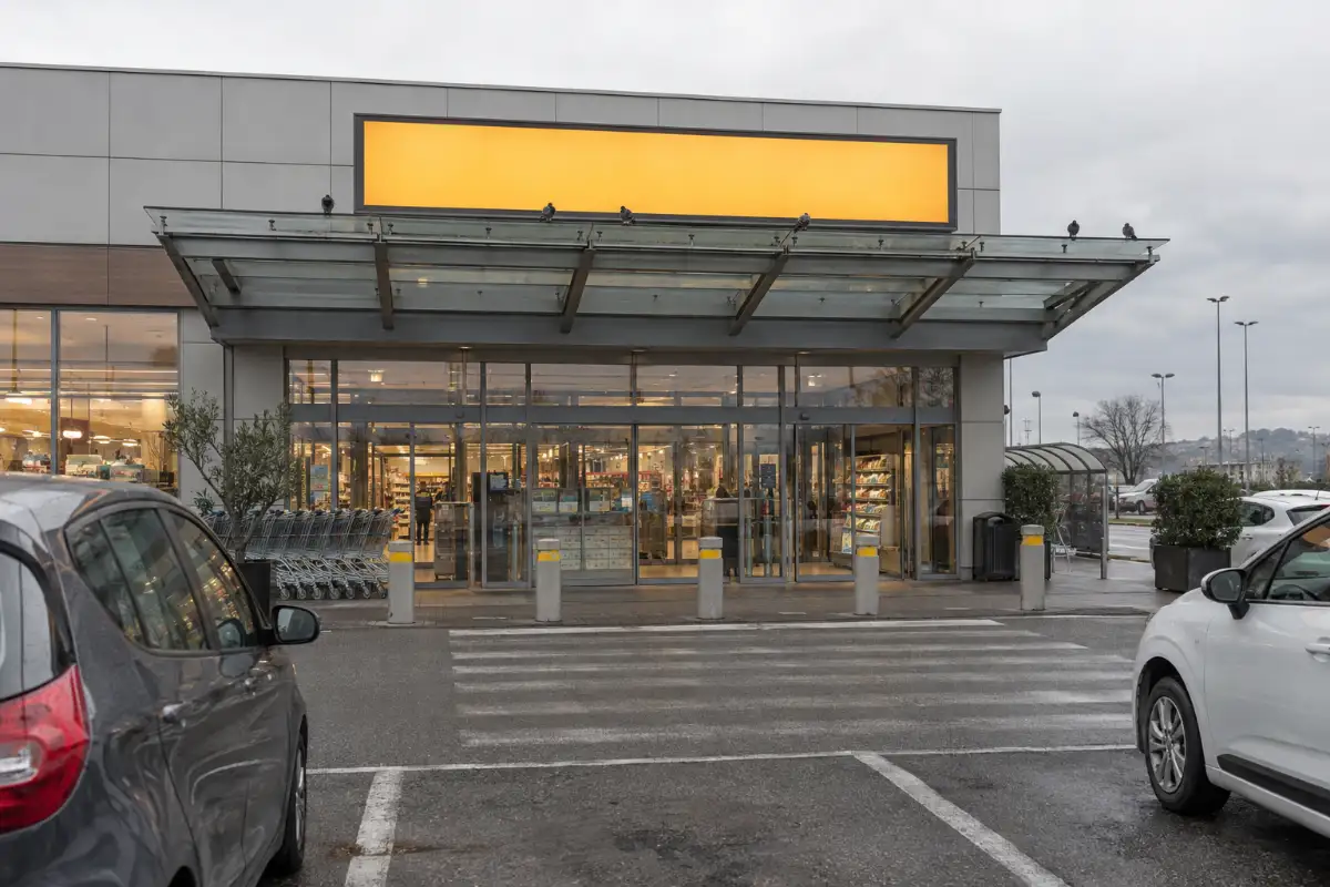 Ingresso di un supermercato con pensilina in vetro e acciaio e alcuni piccioni posati sul bordo superiore, sopra le porte automatiche