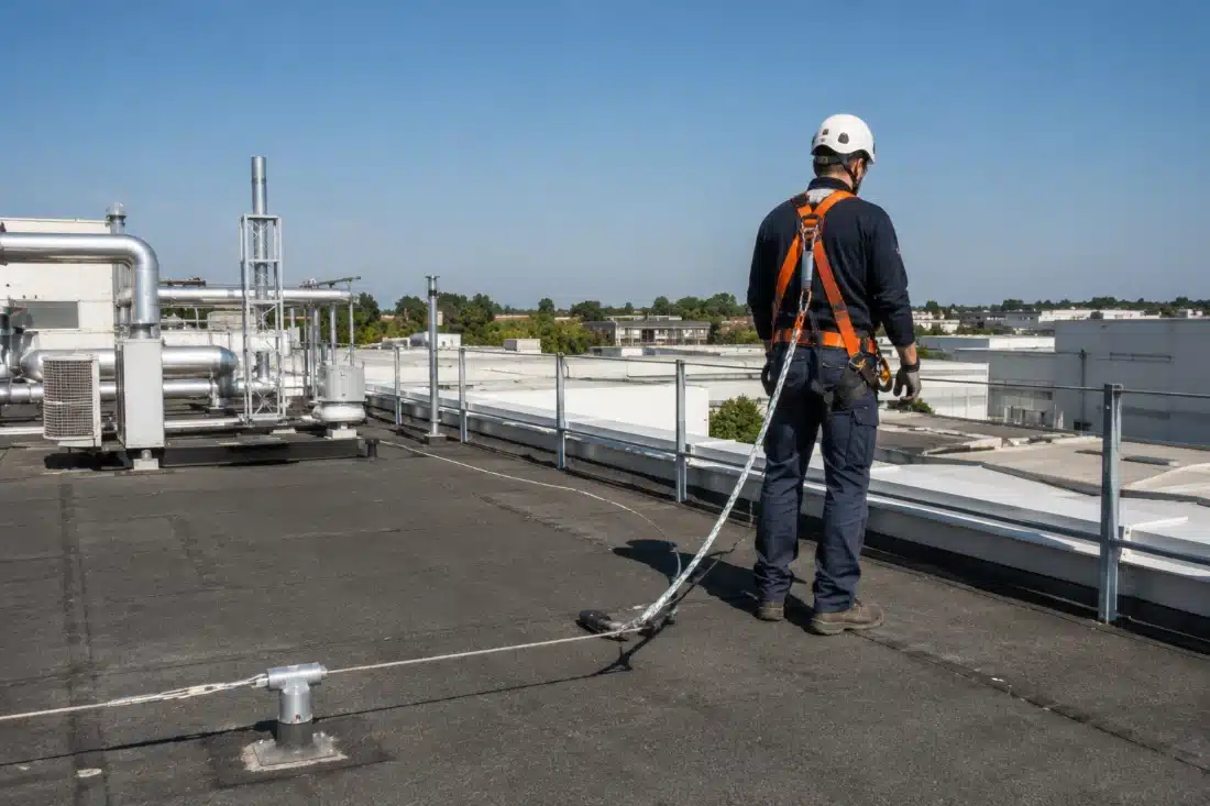 Tecnico con imbracatura su una copertura piana industriale accanto a un parapetto