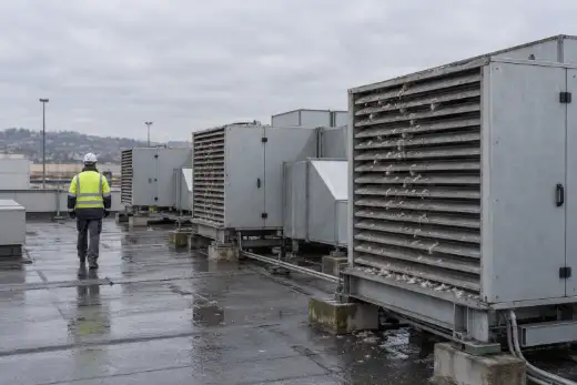 Tecnico con giubbino ad alta visibilità in copertura, fra grandi unità di trattamento aria di un edificio commerciale