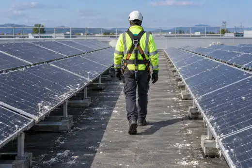 Tecnico con imbracatura anticaduta e giubbino ad alta visibilità che percorre il corridoio fra due file di moduli fotovoltaici sporchi di guano