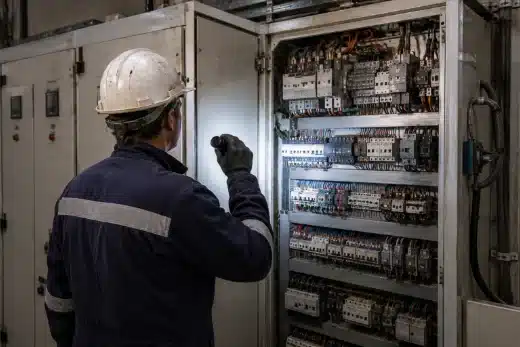 Tecnico della manutenzione davanti a un quadro elettrico aperto in un capannone