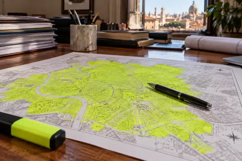 Mappa della città evidenziata tutta dello stesso colore su una scrivania d'ufficio
