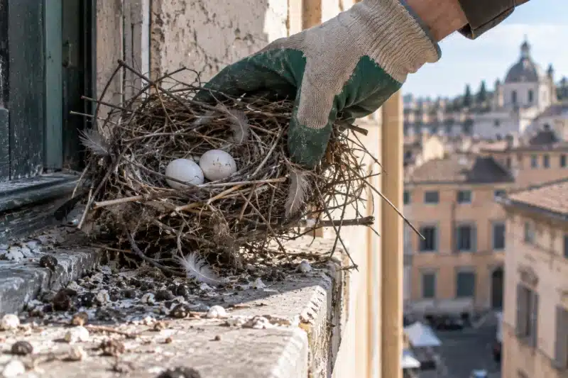 Mano con guanto da lavoro che afferra un nido con due uova su un davanzale