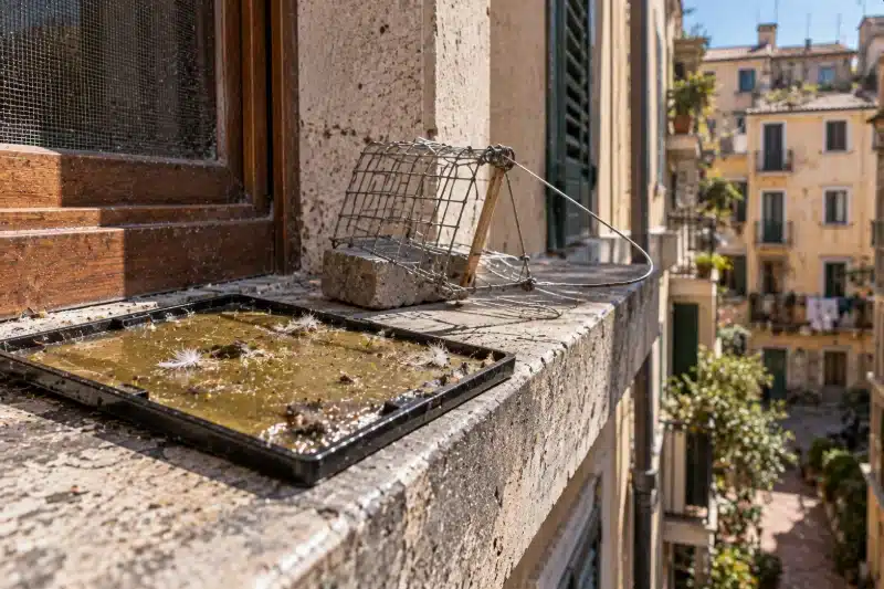 Vassoio di colla e piccola gabbia artigianale appoggiati su un davanzale