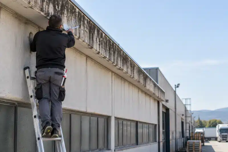 Tuttofare su una scala a pioli contro un cornicione lunghissimo e sporco di un capannone, con un solo pezzo di dissuasore