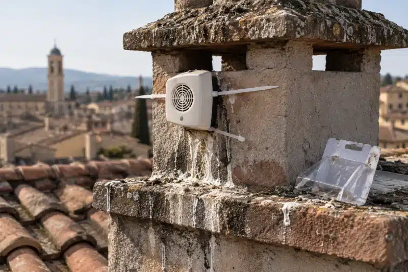 Scatolina a ultrasuoni fissata al comignolo, con la confezione vuota abbandonata sul tetto