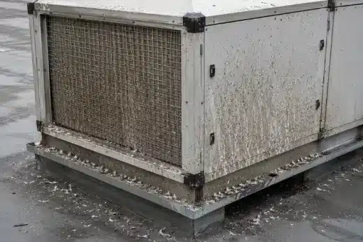 Unità di trattamento aria in copertura con griglia di presa d’aria sporca di escrementi e piume sul basamento