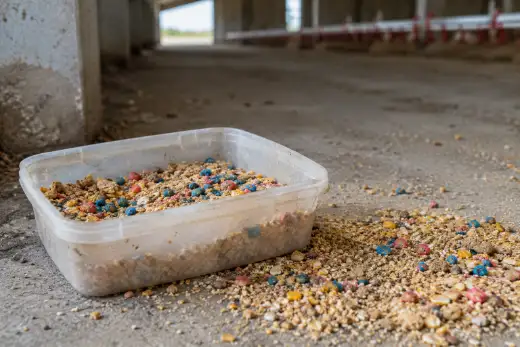 Vaschetta di plastica con granuli colorati lasciata a terra accanto al mangime caduto in un capannone agricolo