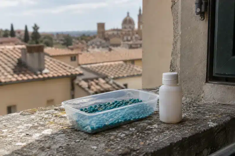 Vaschetta con granaglie colorate e bottiglietta senza etichetta su un davanzale in pietra