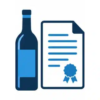 Bottiglia di vino accanto a un documento normativo, a indicare che il vino è un alimento