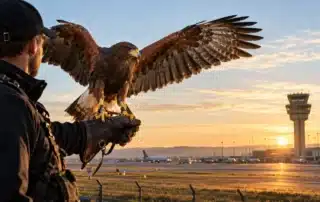 Falconiere con una poiana di Harris sul braccio, torre di controllo aeroportuale sullo sfondo