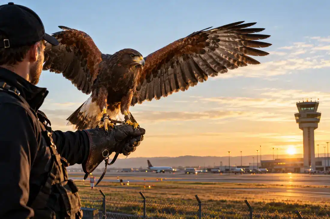 Falconiere con una poiana di Harris sul braccio, torre di controllo aeroportuale sullo sfondo