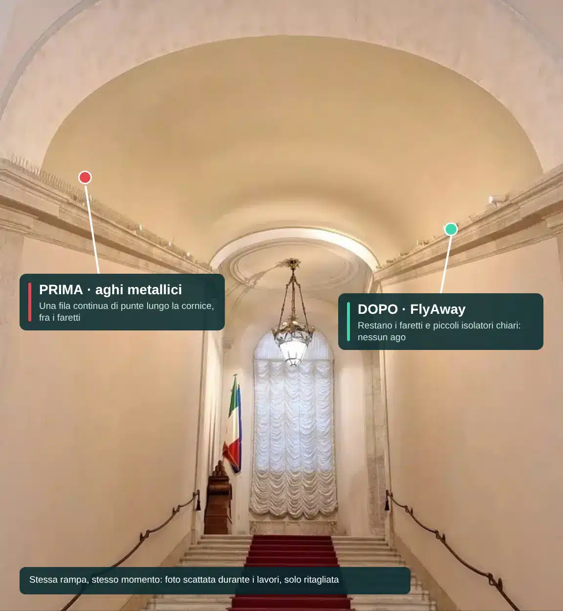 Prima e dopo sullo Scalone d’Onore di Palazzo Chigi: aghi metallici sostituiti dal sistema FlyAway